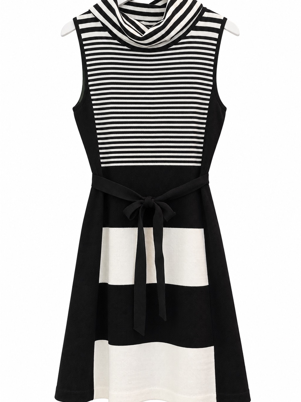 ETCETERA Steinway Black Ivory Striped Colorblock Belted Dress